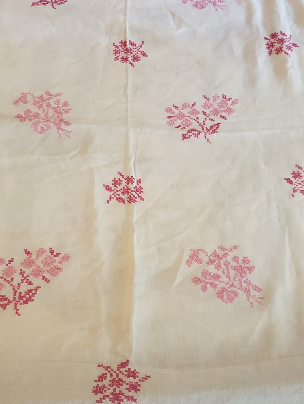 Vintage White Linen Tablecloth With Pink Cross-stitch Floral Embroidery